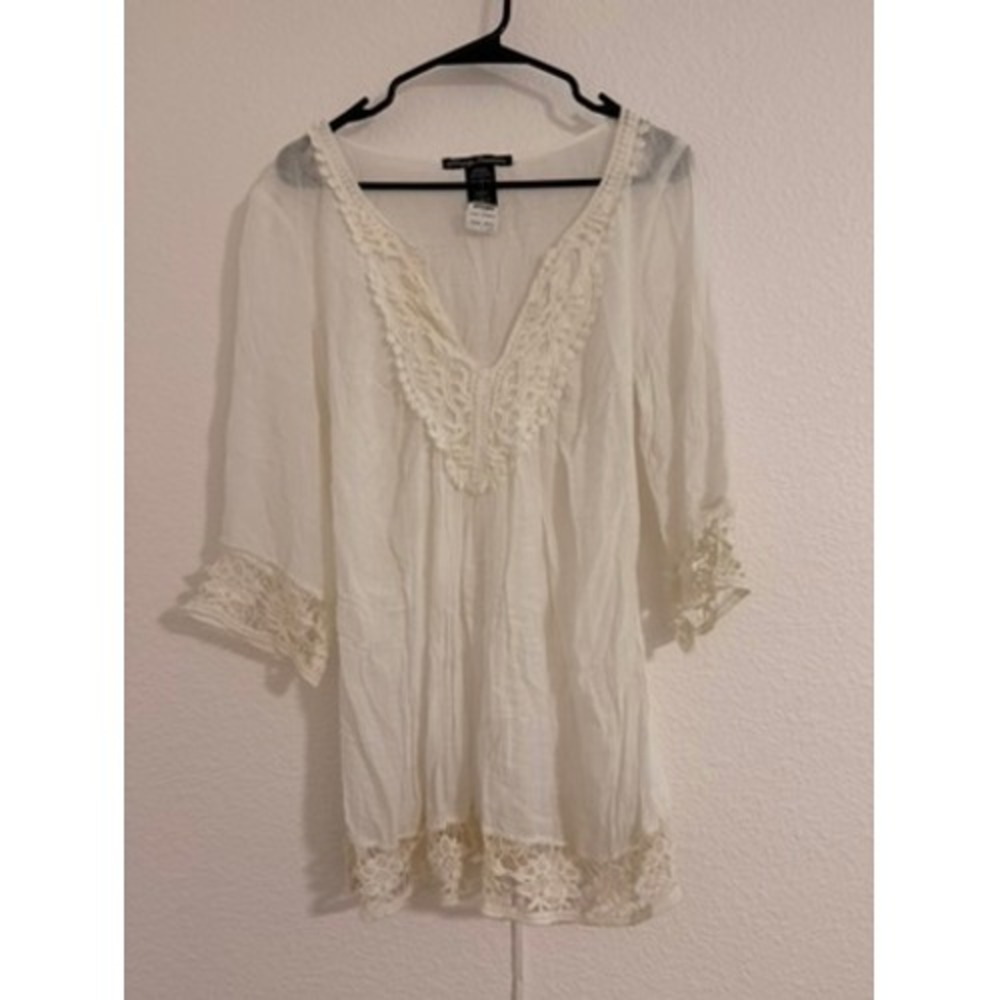 NWT Vintage Simply Irresistible White Crochet Lace Trim Gauze Tunic Top Boho